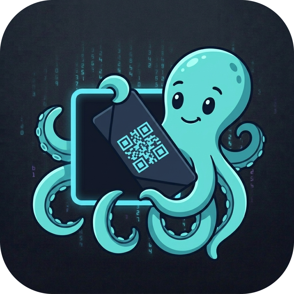 Ky, the KyPost octopus, holding up a phone that shows a pairing QR code